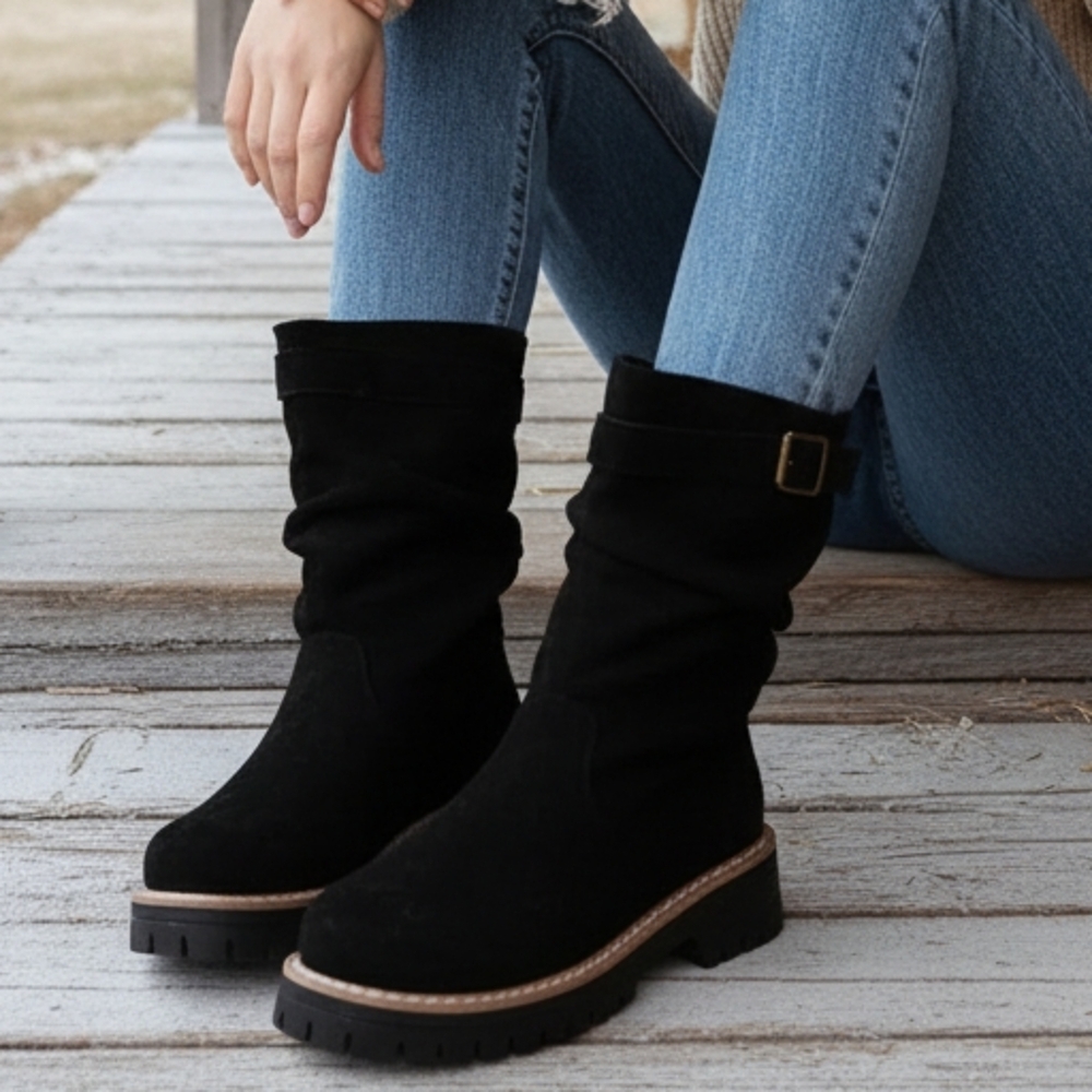 Buckle Wrap Slouch Boots Chunky Lug Block Heel Mid Calf Faux Suede Pull-on Shoes